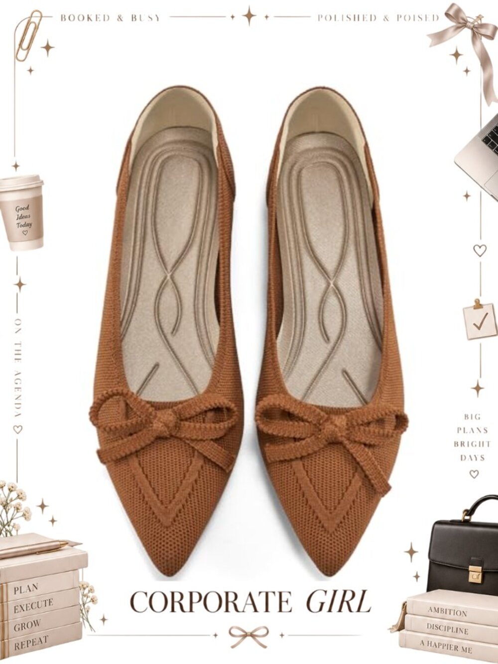 Women's Slip On Bow Knit Ballet Flats Pointed Toe Memory Foam Comfort Shoes
